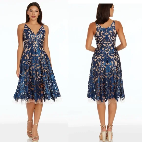 Dress the Population | Dresses | Dress The Population Blair Womens Size  Medium Lace Midi Dress Navy Blue Nude New | Poshmark